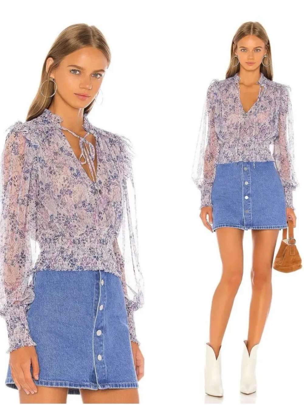 Free People Floral Mesh Smocked Long Sleeve Top Size M